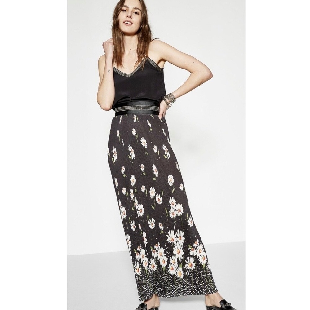 The Kooples Daisy Love Print Pleated Black Floral Maxi Skirt Size Small